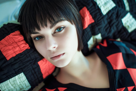 Serene young woman resting on a vibrant, patterned bed, enjoying a moment of peaceの素材