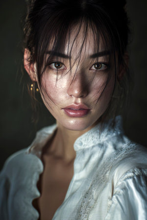Studio portrait of a young asian woman with dark hair, wearing a white shirt and small gold earringsの素材