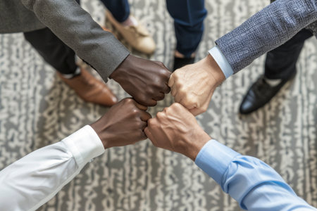 Business team joining fists together, showing unity, teamwork and collaborationの素材