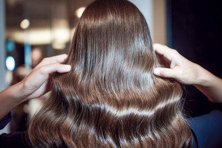 Hairdresser is checking shiny brown hair of client in beauty salonの素材