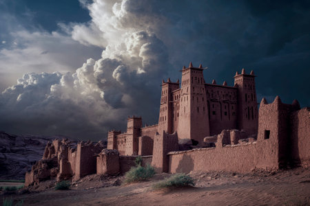 Stunning view of the ancient ait benhaddou ksar, a unesco world heritage site, with dramatic clouds building in the skyの素材