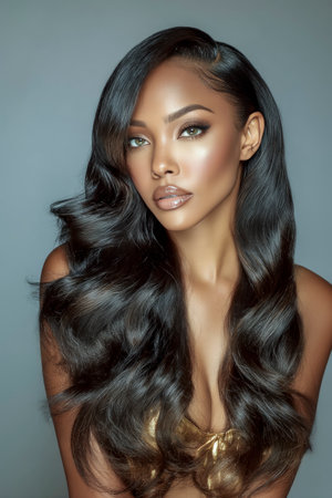 Studio portrait of a beautiful black woman with long, healthy hair, styled in waves, wearing makeup and a gold topの素材