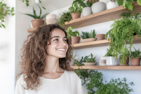 Happy young woman admiring plants on display in a bright store, enjoying the greeneryの素材