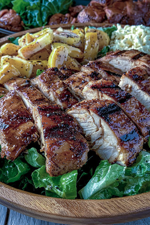 Delicious sliced grilled chicken breast served over fresh salad with roasted vegetables in a wooden bowl, creating a healthy and flavorful mealの素材