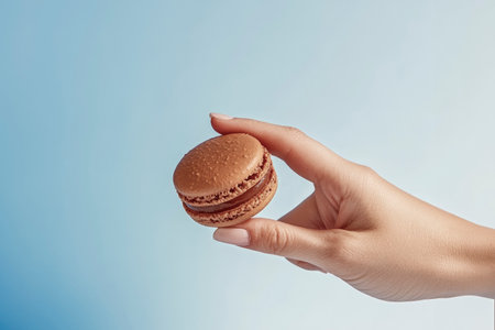 Woman hand with pastel manicure holding a chocolate macaron on a blue backgroundの素材