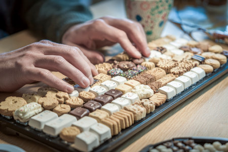 Hands typing on a keyboard made of cookies and chocolate pieces, a fun concept for a pastry chef or food bloggerの素材