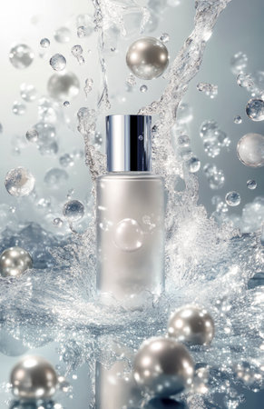 Elegant cosmetic bottle surrounded by splashing water and pearls, conveying freshness and purityの素材