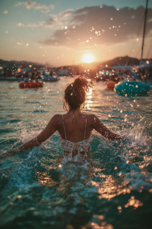 Tourist enjoying splashing in ocean at sunset during summer vacationの素材