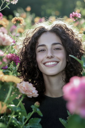 Happy young woman with curly hair and freckles smiling surrounded by colorful flowers in a gardenの素材