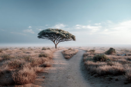 Two paths diverging in a tranquil, misty landscape leading towards a solitary tree, symbolizing choices and journeysの素材
