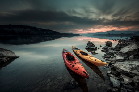 Kayaks resting on the shore of a lake at sunset, creating a serene and peaceful sceneの素材