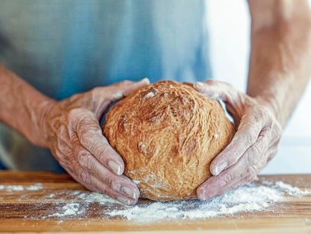 Senior baker gently holding a freshly baked loaf of sourdough bread, showcasing the quality and craftsmanshipの素材