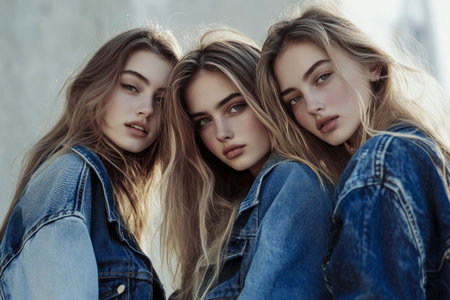 Three beautiful fashion models with long blond hair pose together, huddled closely and wearing denim jacketsの素材