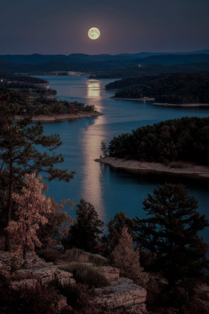 Moonlight reflecting on bull shoals lake in arkansas, creating a magical scene with forested islandsの素材