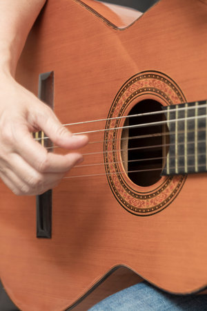 Close-up of a musician's hands playing an acoustic guitar, creating beautiful music