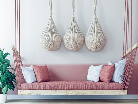 Modern bohemian style interior with hanging bed swing and macrame wall decorations creating a cozy and relaxing atmosphereの素材