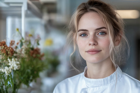 Portrait of a young female chef smiling confidently in a modern kitchen with flowers in the foregroundの素材