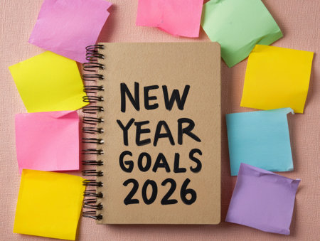 Notebook displaying new year goals 2026 surrounded by colorful blank sticky notesの写真素材
