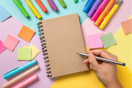 Hand writing goals and plans in a blank notebook with colorful stationery on pastel background