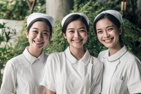 Group of beautiful asian nurses wearing uniform, working in healthcare teamの素材