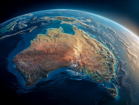 Planet earth showing australia from orbit with city lights and sunriseの素材