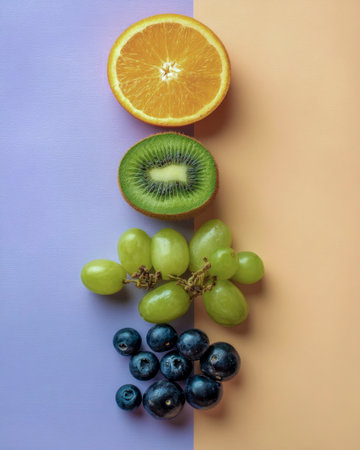 Fresh citrus, kiwi, and blueberries representing health and wellnessの素材