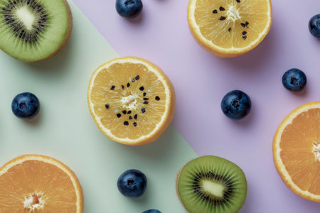 Fresh fruit pieces and blueberries creating a healthy eating and diet conceptの素材
