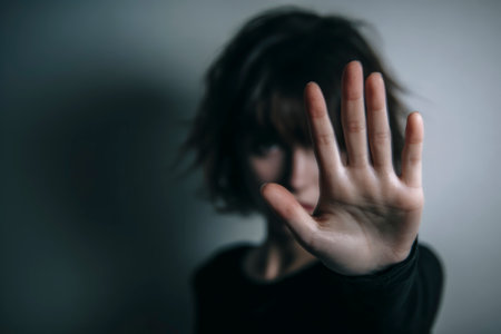 Woman's hand holding up a stop sign, creating a boundary against abuse and fearの素材