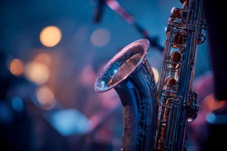 Saxophone bell and keys reflecting blue and pink stage lights with bokehの素材