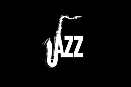 Jazz text with a saxophone instrument creating the letter j on a black backgroundの素材