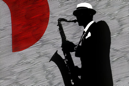 Silhouette of a musician performing jazz music against a red and striped graphic backgroundの素材