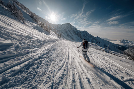 Skier enjoying winter sport in snowy alpine landscape with sun shining brightlyの素材