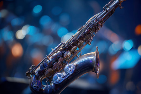Saxophone with keys and bell in close-up against a bokeh backgroundの素材