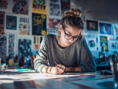 Young female artist concentrating on her artwork in a busy creative studioの素材