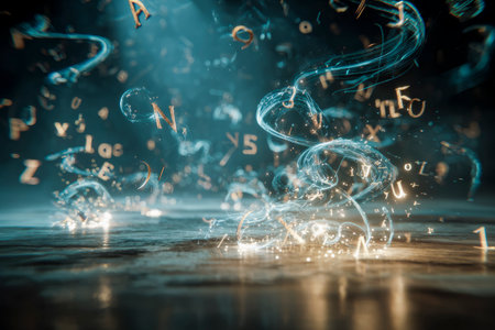 Glowing letters and light trails are dynamically flowing upwards from a reflective surfaceの素材