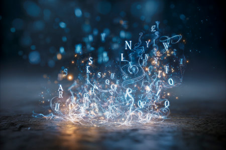 Letters and symbols forming magical data streams on a dark backgroundの素材
