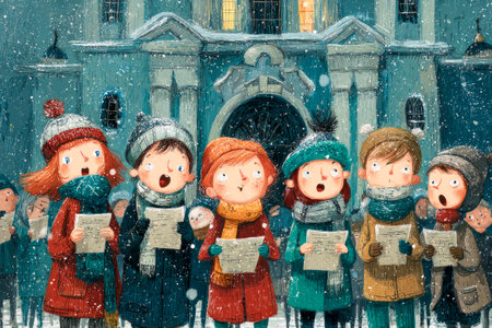 Group of kids singing carols outside a church during a snowy orthodox christmasの素材