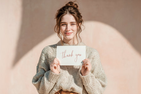 Young woman smiling, holding a card with a handwritten thank you messageの素材