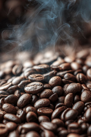 Roasted coffee beans creating rising steam and a rich aroma, showing freshness and warmthの素材