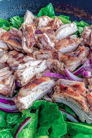 Grilled chicken pieces, fresh spinach, and red onion creating a healthy mealの素材