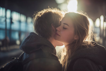 Young couple embracing and kissing goodbye in a backlit train stationの素材
