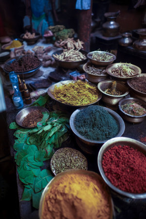 Spices, herbs, and powders arranged in bowls at a traditional marketの素材