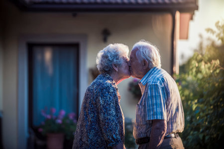 Elderly couple showing affection with a kiss in their gardenの素材