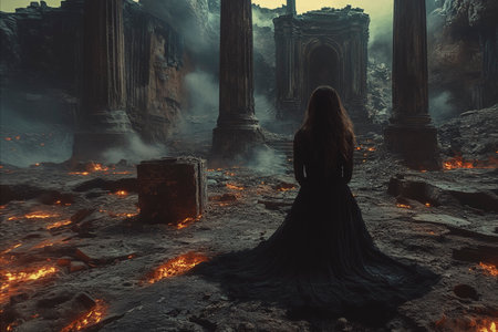 Woman in a dark dress standing in a desolate burning ancient ruin fantasy landscapeの素材