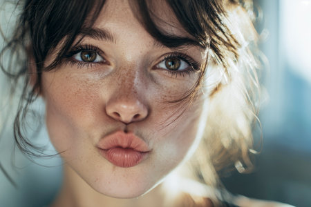 Young woman with freckles and brown eyes puckering lips for a kissの素材
