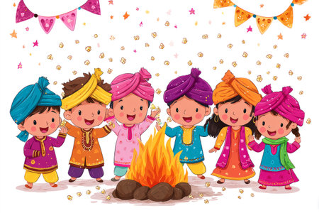 Children wearing traditional turbans celebrating lohri with a bonfire and popcornの素材