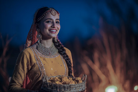 Young woman smiling, holding traditional offerings basket near a bonfire during lohriの素材