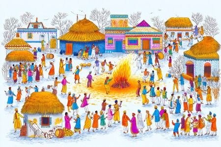People gathering around a bonfire in a village, celebrating the lohri harvest festivalの素材