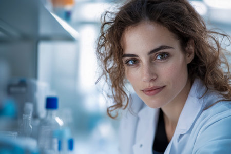 Portrait of a young woman scientist smiling to the camera in a lab environmentの素材