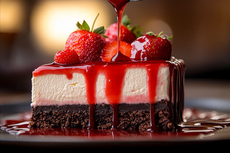 Slice of strawberry cheesecake being topped with sweet red syrupの素材